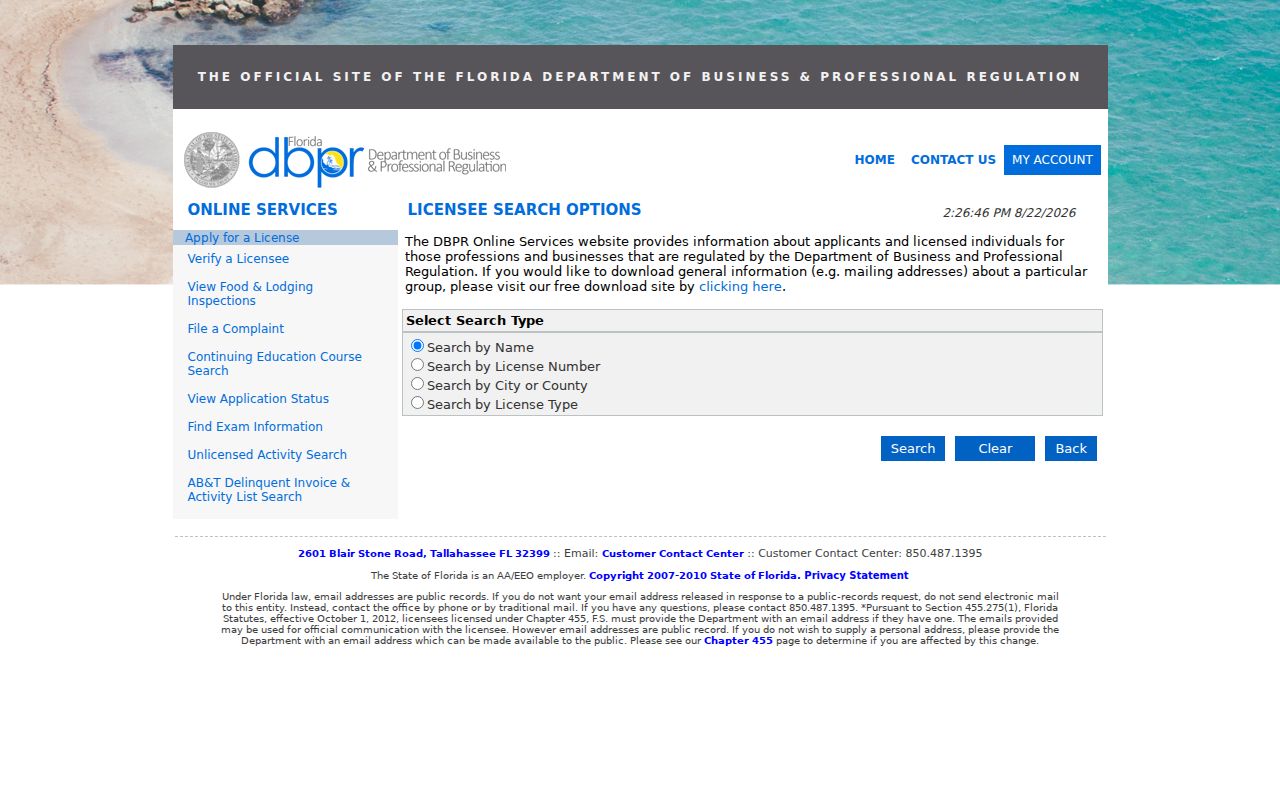 Florida business and professional license search for dated affiliations