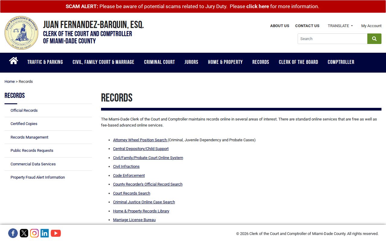 Miami-Dade Clerk court and official record portal menu