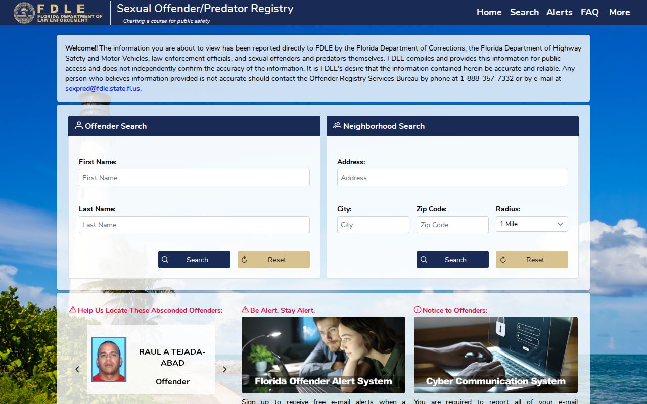 Florida official offender registry search for lawful Miami Beach safety research