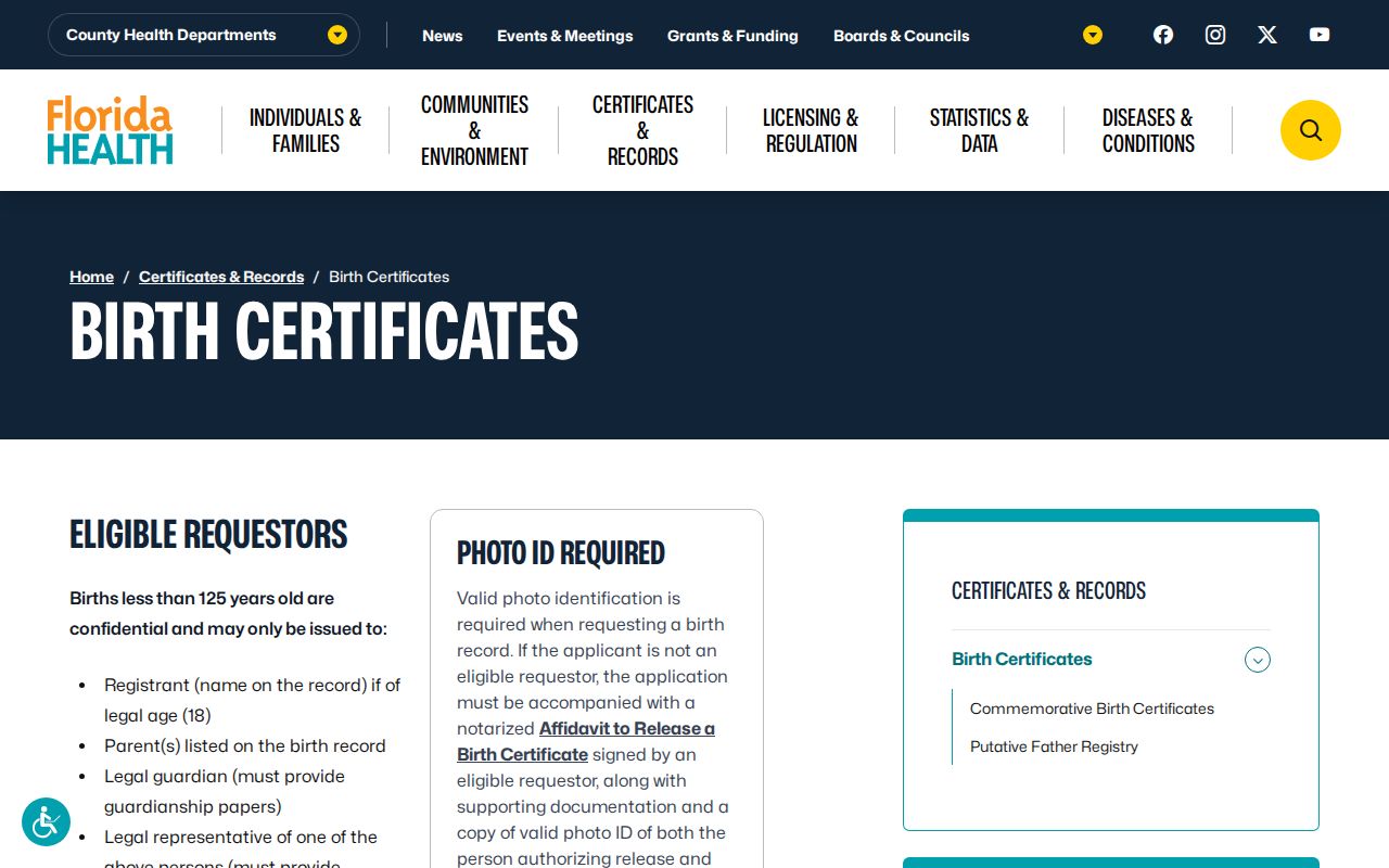 Florida birth certificate access instructions for Miami Beach resident research