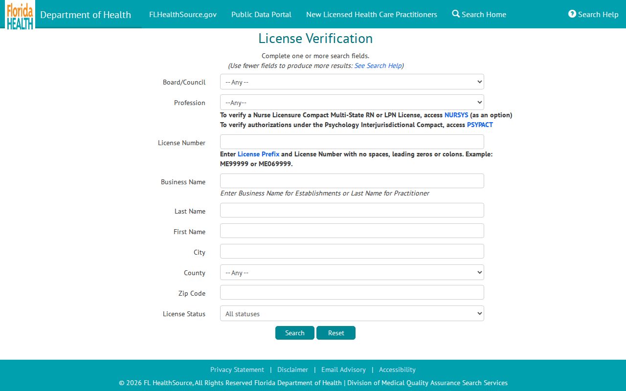 Florida health practitioner lookup for Miami Beach name verification