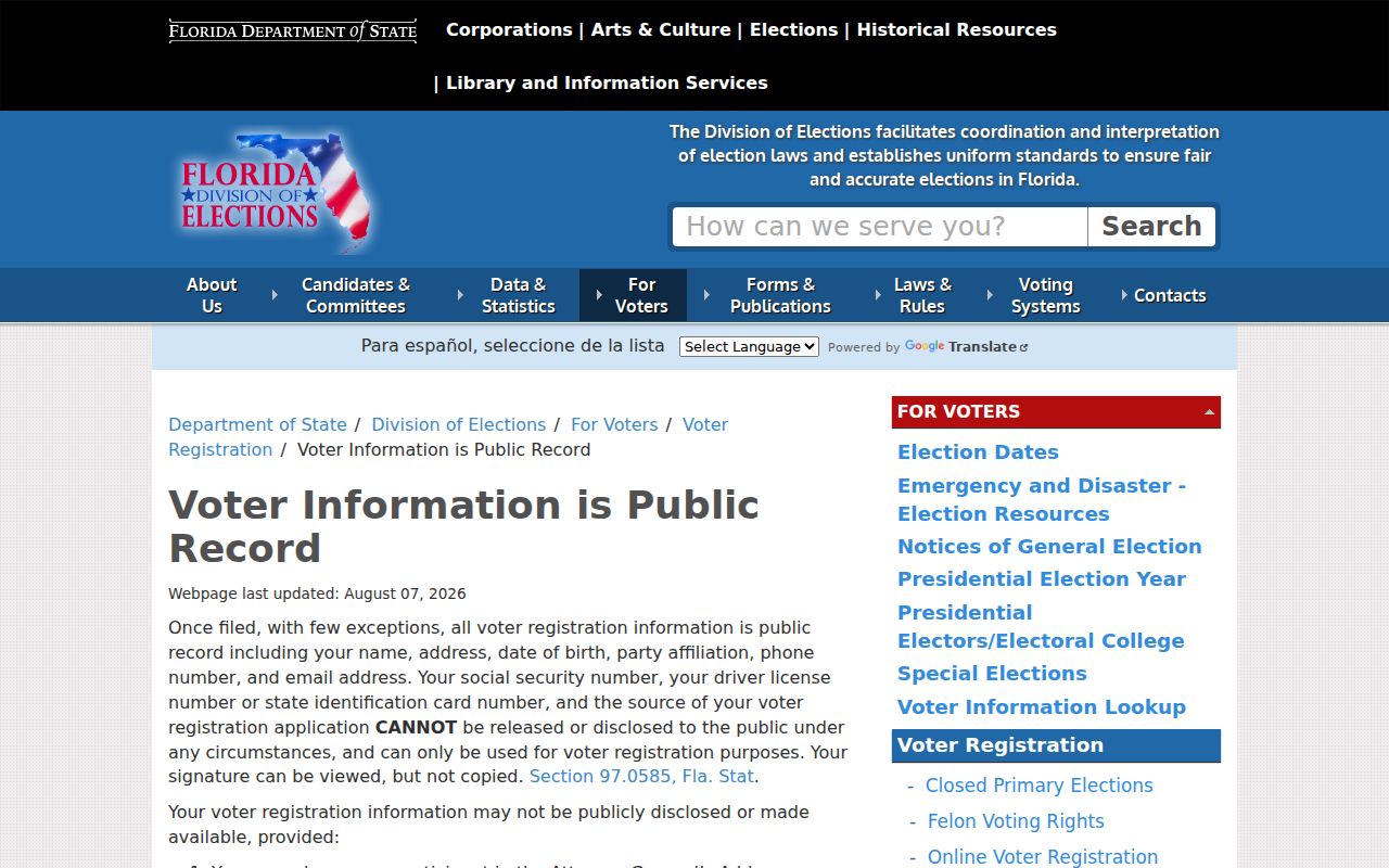 Florida voter information public record and exemption notice